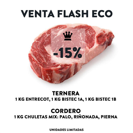 Almazor cuarto de cordero eco Venta Flash: 1 kg Chuletas mix cordero y 3 kg de ternera eco: entrecot, bistec 1A y 1B carne