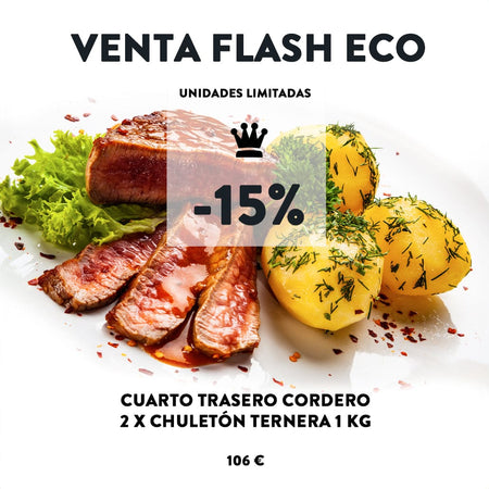 Almazor cuarto de cordero eco Venta Flash: Cuarto trasero de cordero eco 2,7 kg y 2 chuletón de ternera eco 1 kg/ud carne